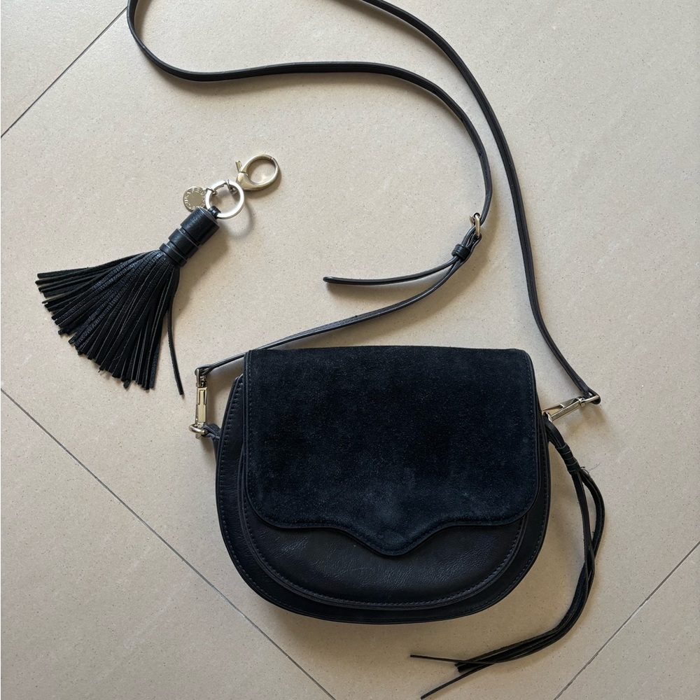 REBECCA MINKOFF large black leather/suede Suki saddlebag, crossbody bag. EUC.